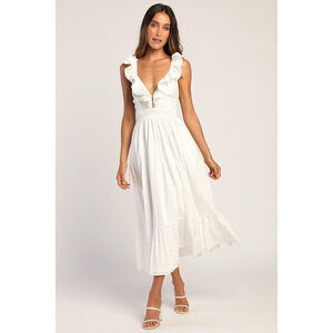Lulus Sicilian Sun White Eyelet Embroidered Ruffled Lace-up Midi Dress - Size M